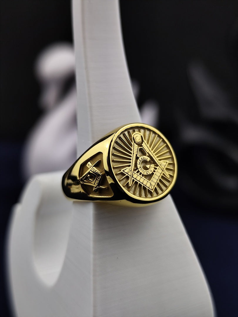 Master Mason Blue Lodge Ring - Gold Square & Compass G Personalized - Bricks Masons
