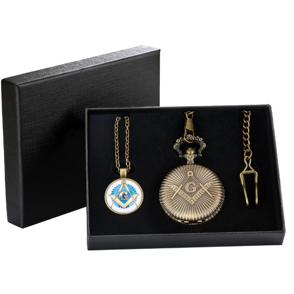 Master Mason Blue Lodge Pocket Watch - Antique Square & Compass G Quartz - Bricks Masons