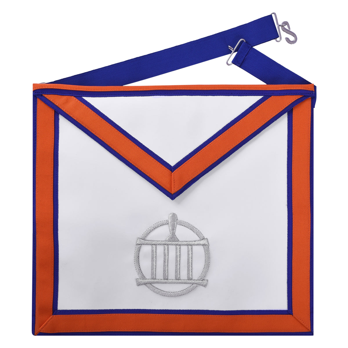Installed Master St. Lawrence the Martyr AMD Apron - Blue & Orange Borders With Silver Gridiron - Bricks Masons