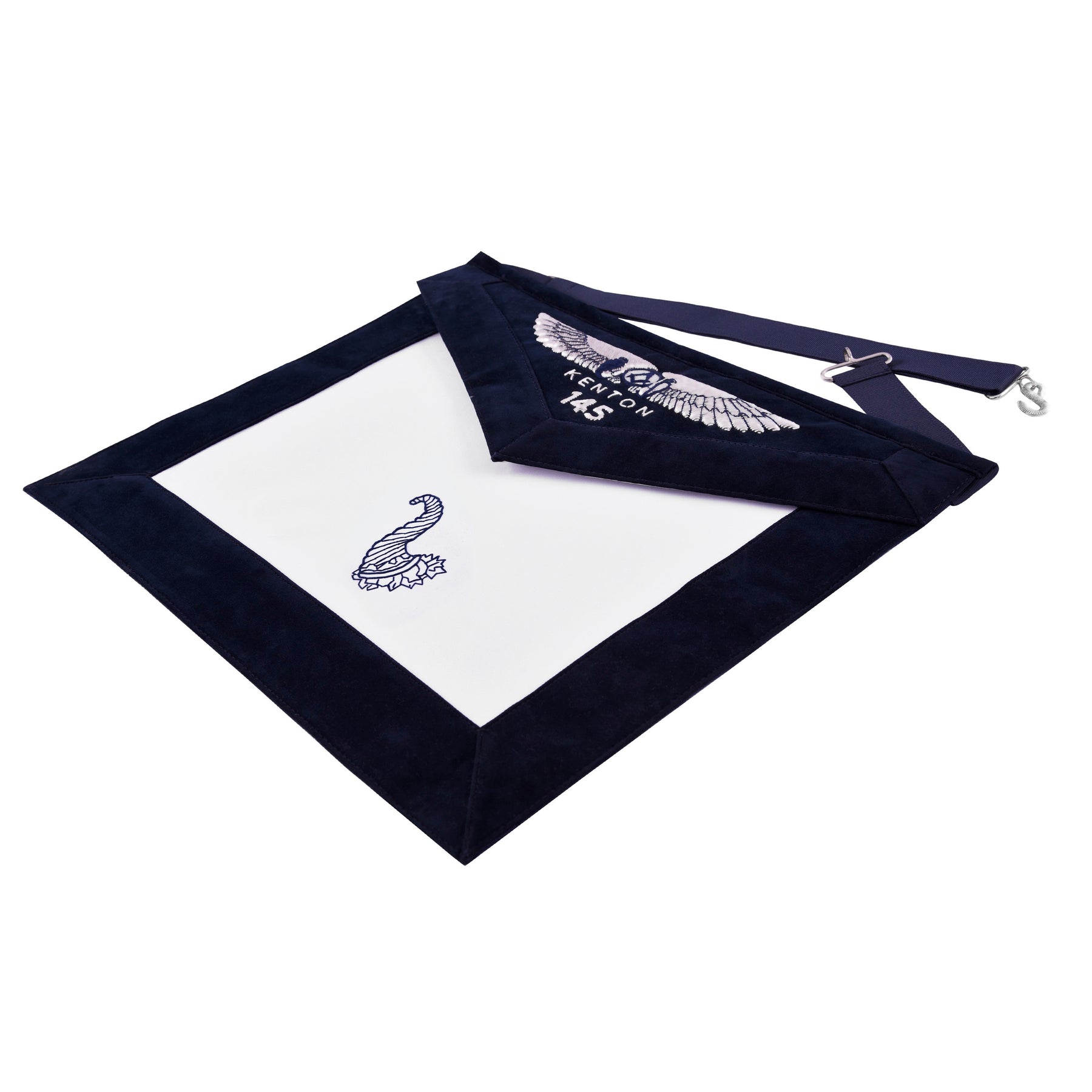 Junior Steward Blue Lodge Officer Apron - Kenton Lodge Navy Velvet With Silver Embroidery Thread - Bricks Masons