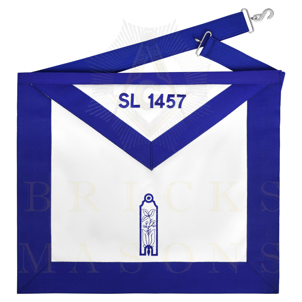 Junior Warden Blue Lodge Officer Apron - Blue Ribbon With Machine Embroidery Customizable Flap