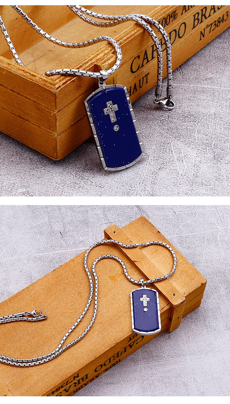 Knights Templar Commandery Necklace - Blue Stainless Steel With Diamond Cross - Bricks Masons
