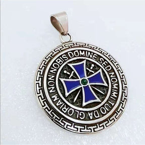 Knights Templar Pendant - Silver Steel Round Pendant With Blue t