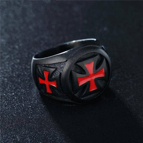 Knights Templar Ring - Black Tone Red Cross - Bricks Masons