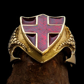Knights Templar Ring - Brass Knight & Shield With Red Cross - Bricks Masons