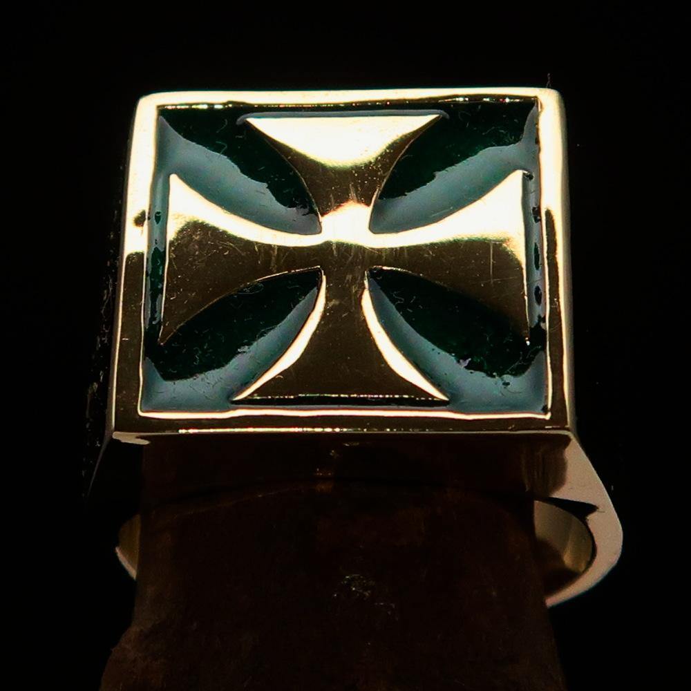 Knights Templar Ring - Green & Gold Solid Brass With Cross - Bricks Masons