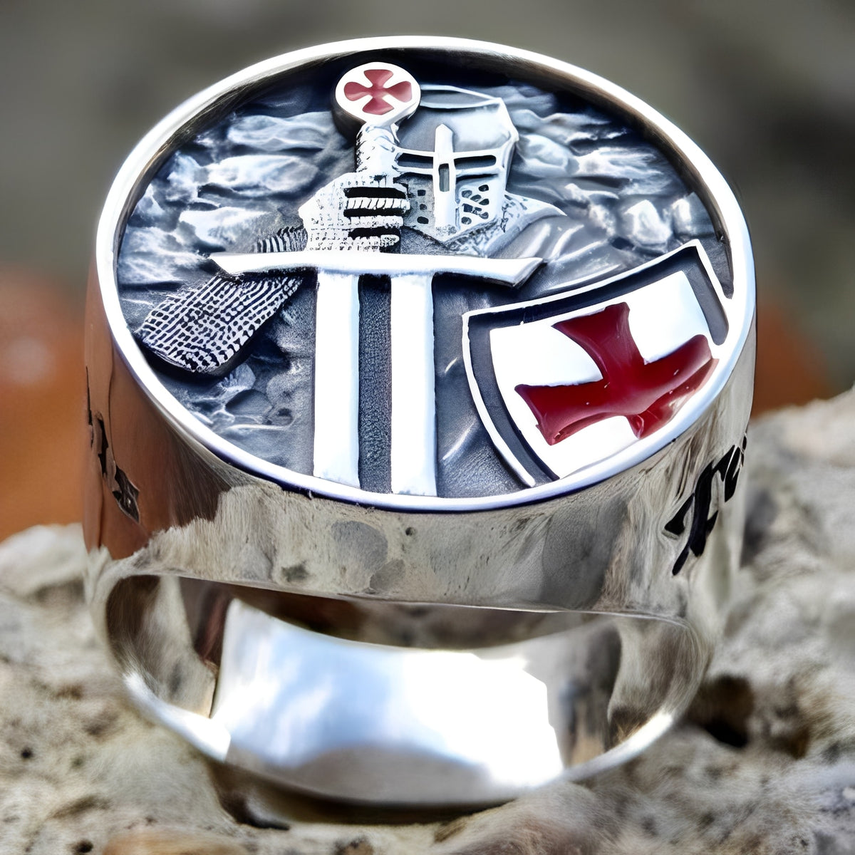 Knights Templar Ring - Red Armor Shield Crusader Cross - Bricks Masons