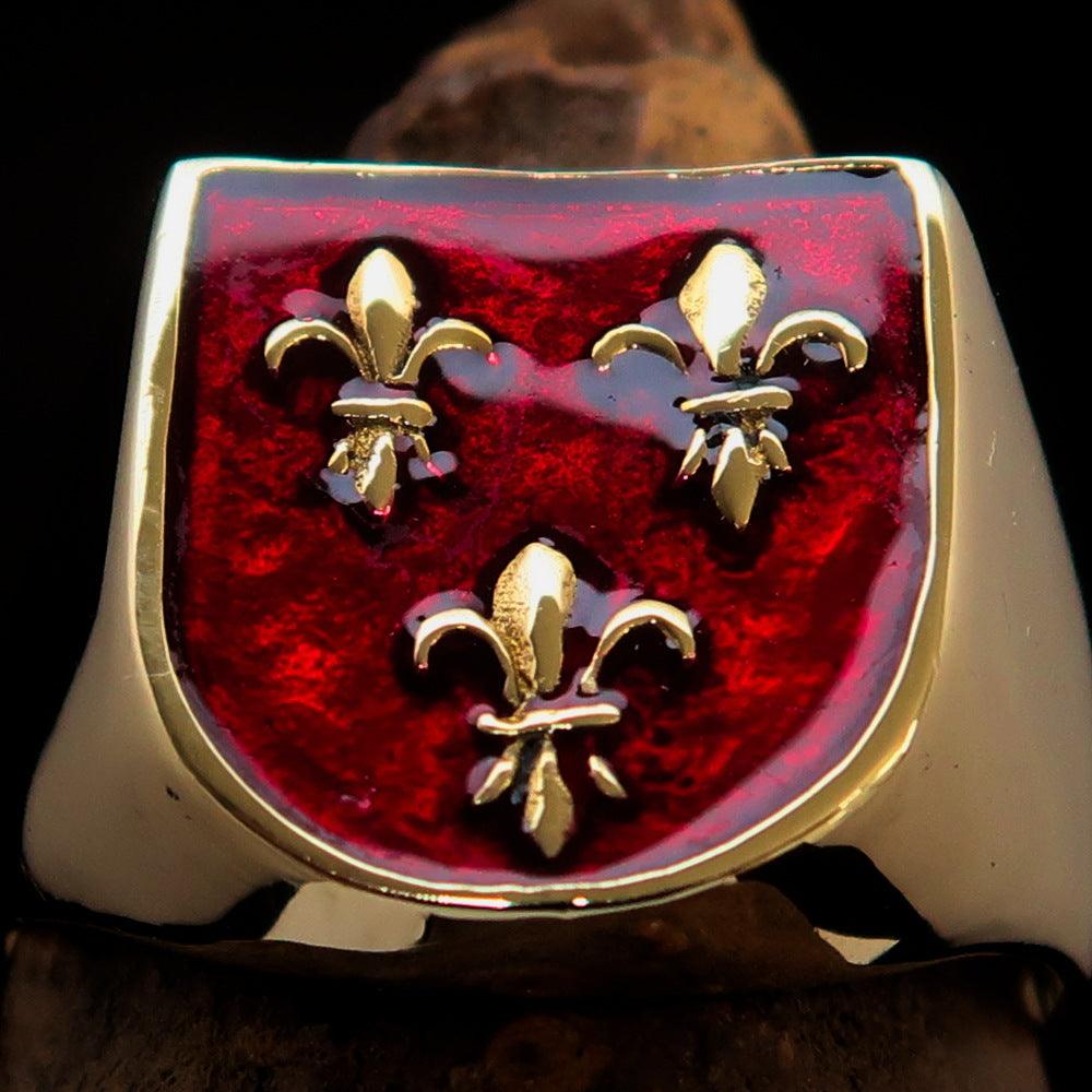 Knights Templar Ring - Red Knight Fleur De Lis Cross Brass - Bricks Masons