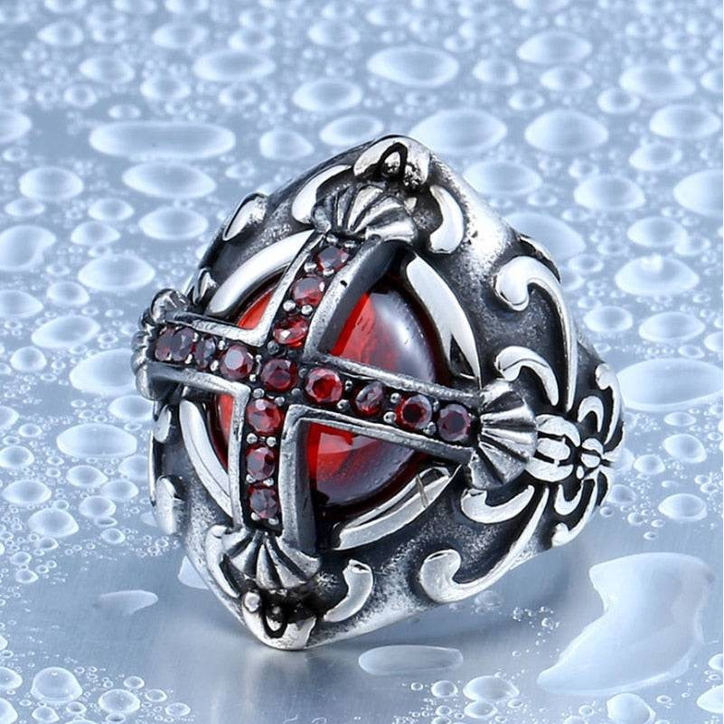Knights Templar Ring - Red Stone † Silver and Gold