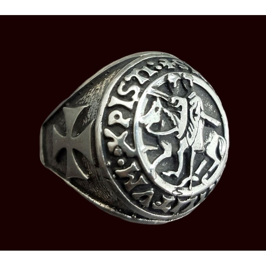 Knights Templar Ring - Sigillum Militum Xpisti With Maltese † & Knight In Silver