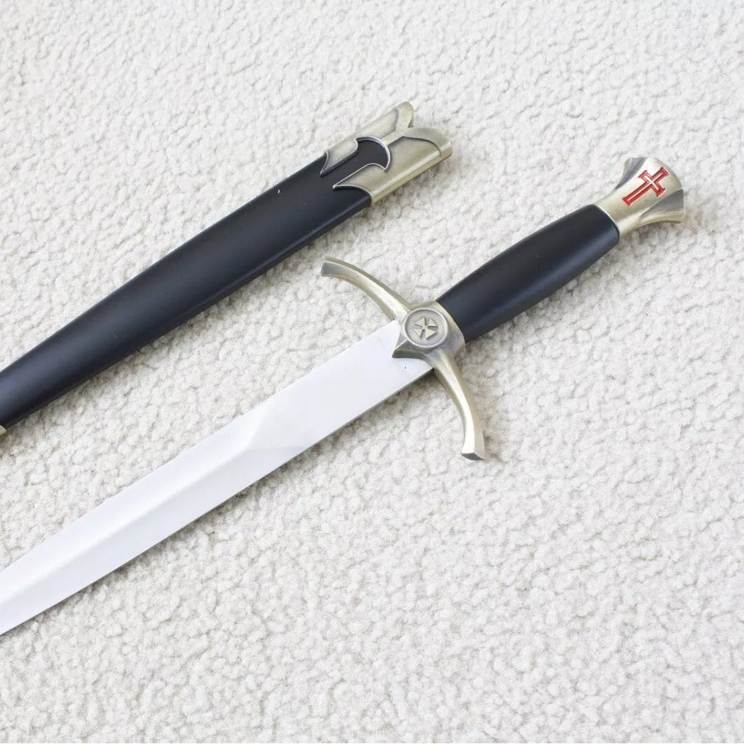 Knights Templar Sword - Brass Medieval Red Cross Crusader With Black Scabbard (15.4")