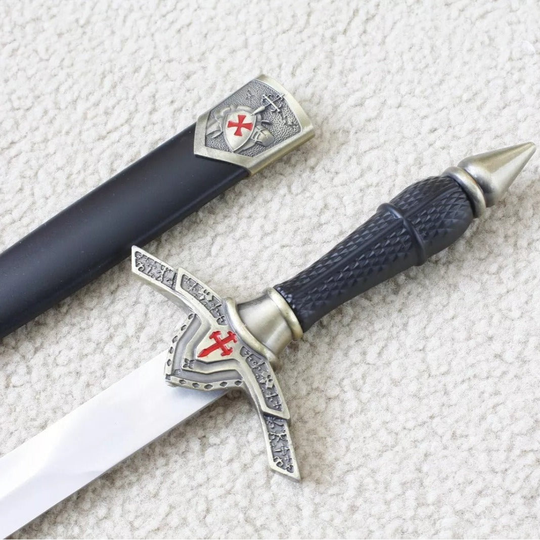 Knights Templar Sword - Brass Red Cross Crusader Shield With Black Scabbard (15.6")