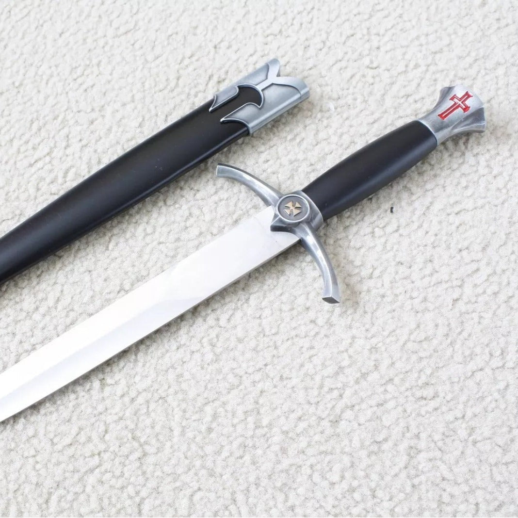 Knights Templar Sword - Silver Medieval Red Cross Crusader With Black Scabbard (15.4")