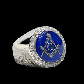 Master Mason Blue Lodge Ring - White Gold Plated With Blue - Bricks Masons