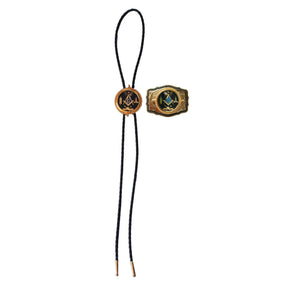 Master Mason Blue Lodge Bolo Tie and Buckle Set- Black & Gold Filigree Square & Compass