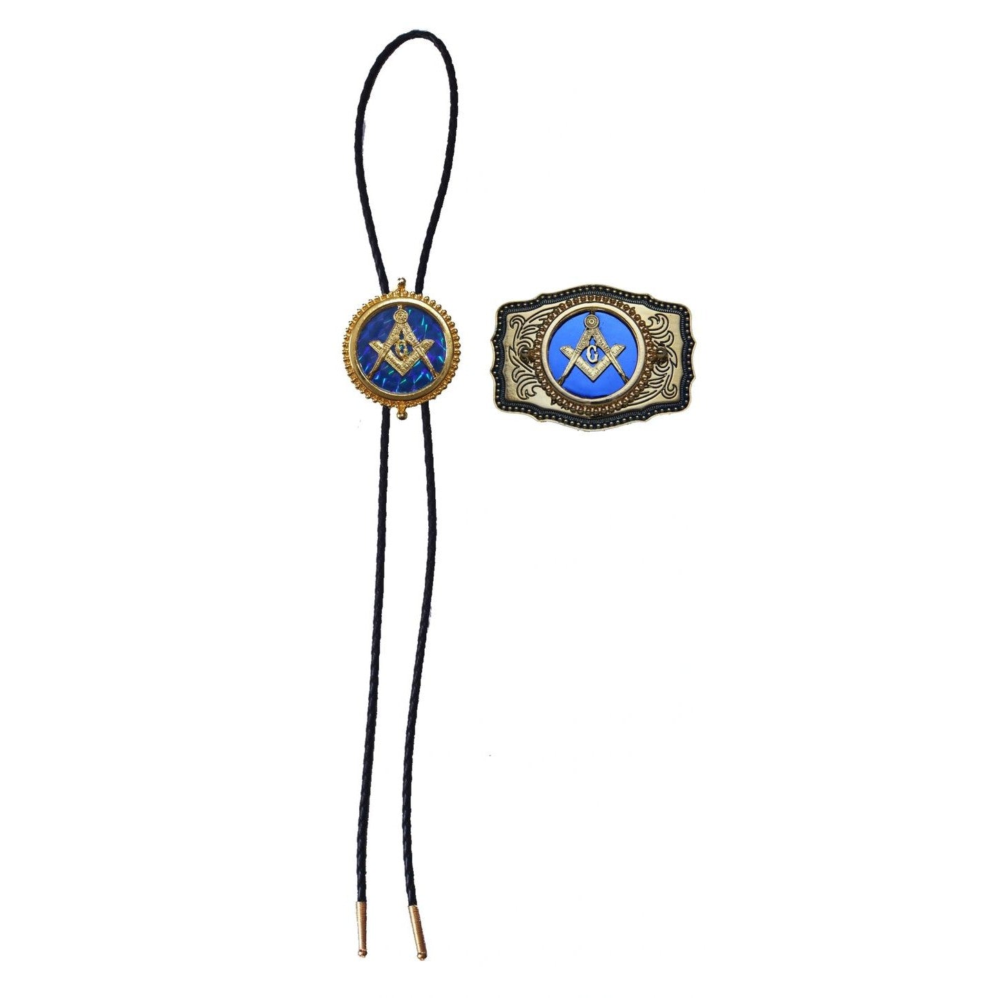 Master Mason Blue Lodge Bolo Tie and Buckle Set - Blue Raised Square & Compass
