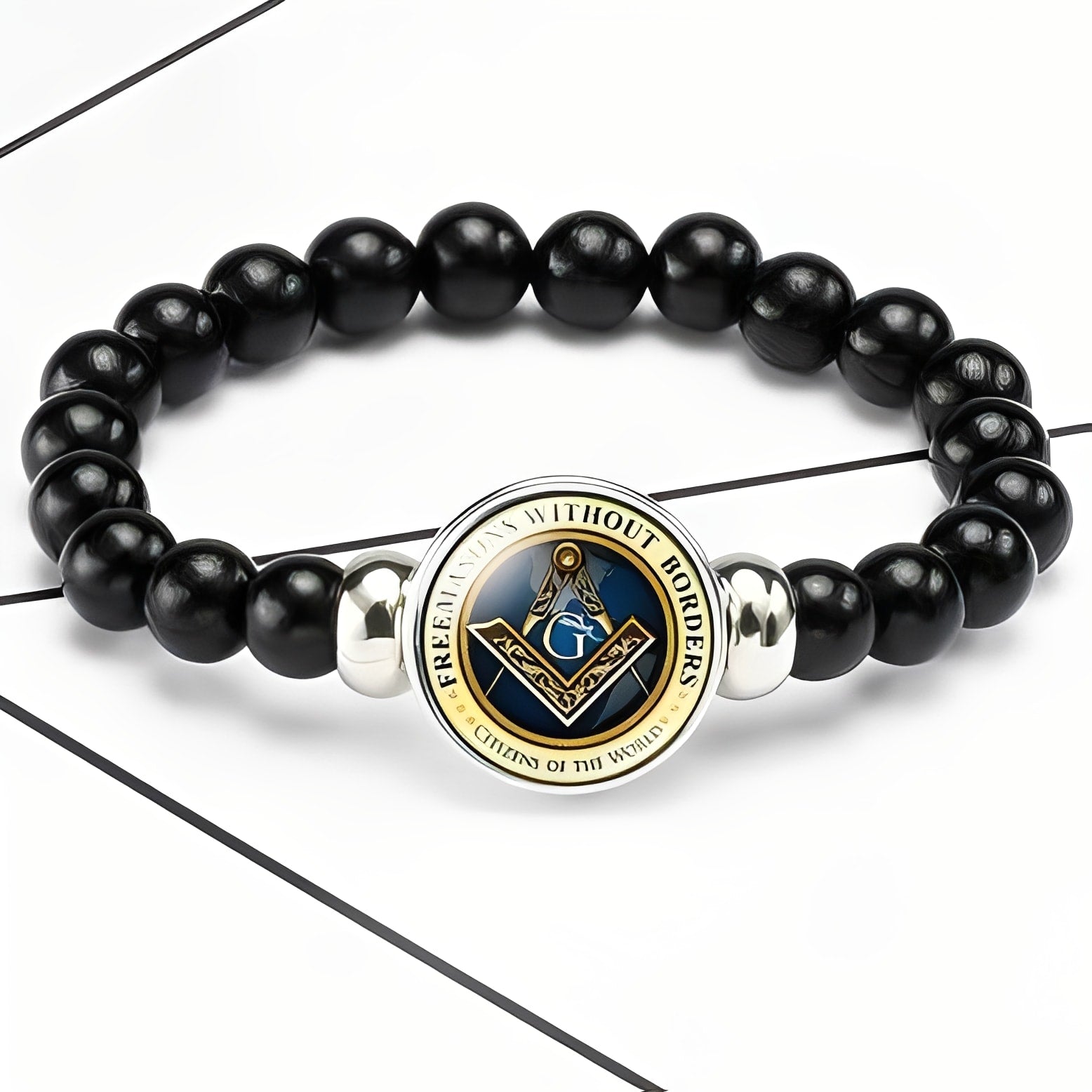 Master Mason Blue Lodge Bracelet - Compass & Square G Black Beads - Bricks Masons