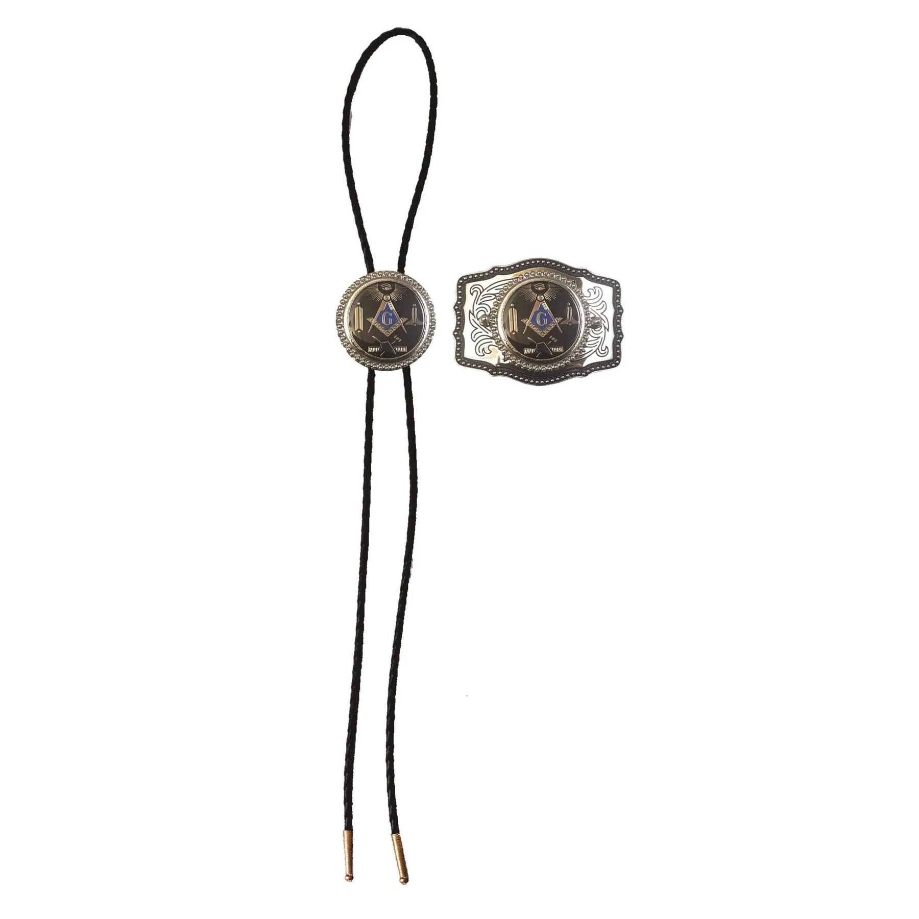 Master Mason Blue Lodge Buckle and Bolo Tie Set - Black & Silver Filigree Working Tools
