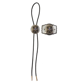 Master Mason Blue Lodge Buckle and Bolo Tie Set - Black & Silver Filigree Working Tools