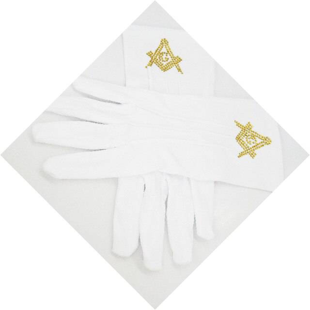 Master Mason Blue Lodge Gloves - Polyester With Square and Compass G Rhinestone - Bricks Masons