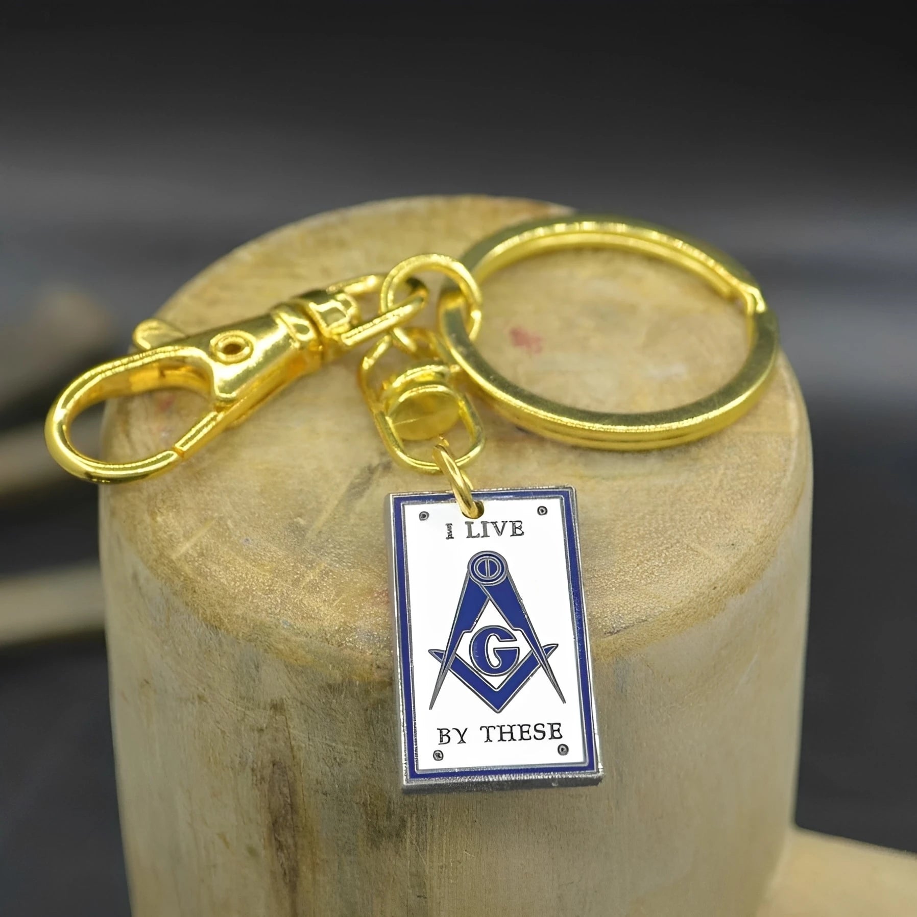 Master Mason Blue Lodge Keychain - I Live By These White And Blue Square & Compass G Pendant - Bricks Masons
