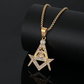 Master Mason Blue Lodge Necklace - Bling Iced Out Gold Color Stainless Steel - Bricks Masons