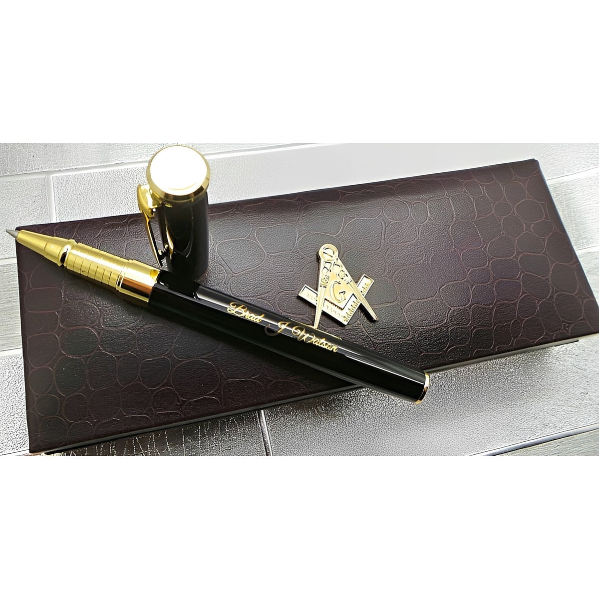Master Mason Blue Lodge Pen - 24k Gold Clad Engraved Black Ink