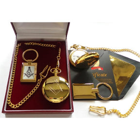 Master Mason Blue Lodge Pocket Watch - 24k Gold Plated Quality Keychain With PW Luxury Gift Case