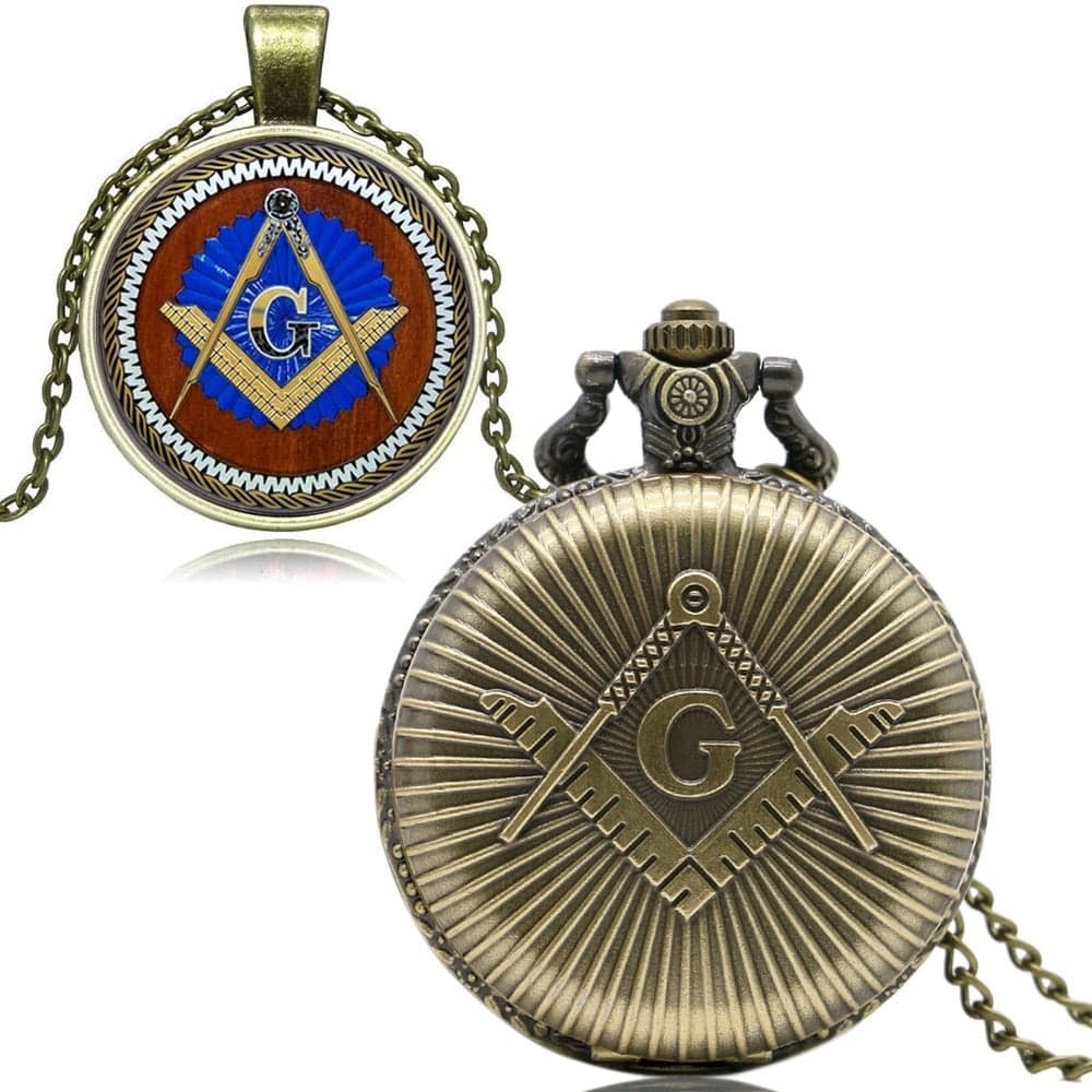 Master Mason Blue Lodge Pocket Watch - Antique Square and Compass G Bronze Quartz - Bricks Masons