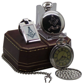 Master Mason Blue Lodge Pocket Watch - Full Hunter Real Silver Plated with Keyring Compass