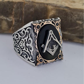 Master Mason Blue Lodge Ring - 925K Sterling Silver & Bronze With Black Onyx