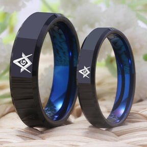 Master Mason Blue Lodge Ring - Black With Blue Tungsten Personalizable - Bricks Masons