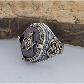 Master Mason Blue Lodge Ring - Handmade Sterling Silver With Green Agate & Motifs
