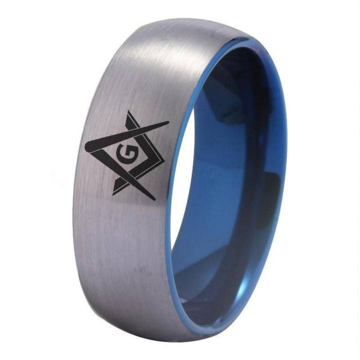 Master Mason Blue Lodge Ring - Silver With Blue Tungsten Personalizable - Bricks Masons