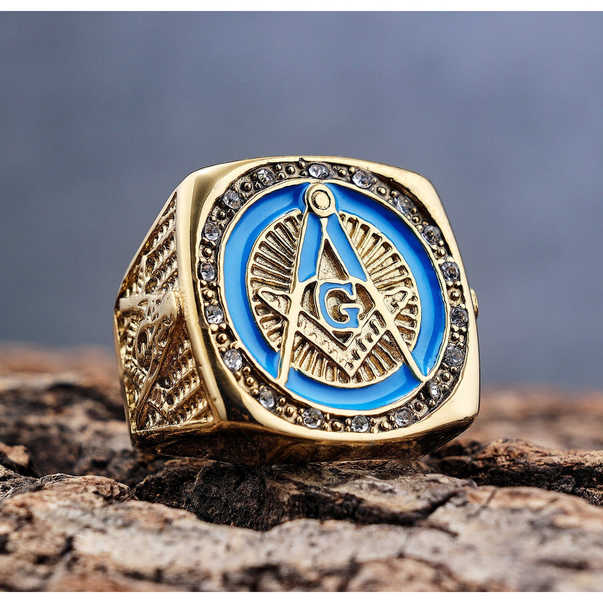 Master Mason Blue Lodge Ring - Square and Compass G Rhinestone