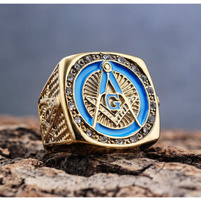 Master Mason Blue Lodge Ring - Square and Compass G Rhinestone