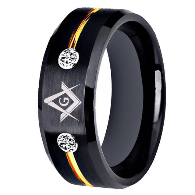 Master Mason Blue Lodge Ring - Square and Compass G Tungsten Black Personalizable - Bricks Masons