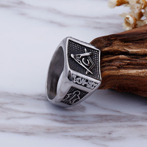 Master Mason Blue Lodge Ring - Stainless Steel Silver Mason Square & Compass G - Bricks Masons