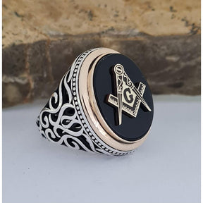 Master Mason Blue Lodge Ring - Sterling Silver Black Onyx With Bronze
