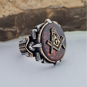 Master Mason Blue Lodge Ring - Sterling Silver With Garnet Zircon