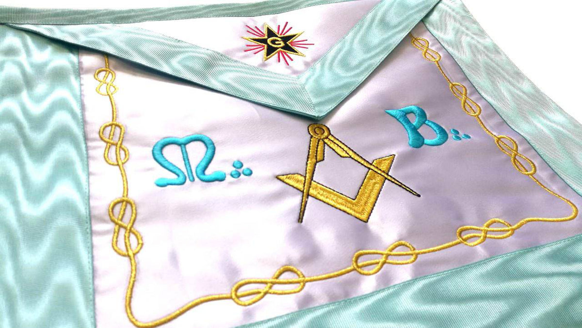 Master Mason French Rite Apron - White & Sky Blue Star G Machine Embroidery - Bricks Masons