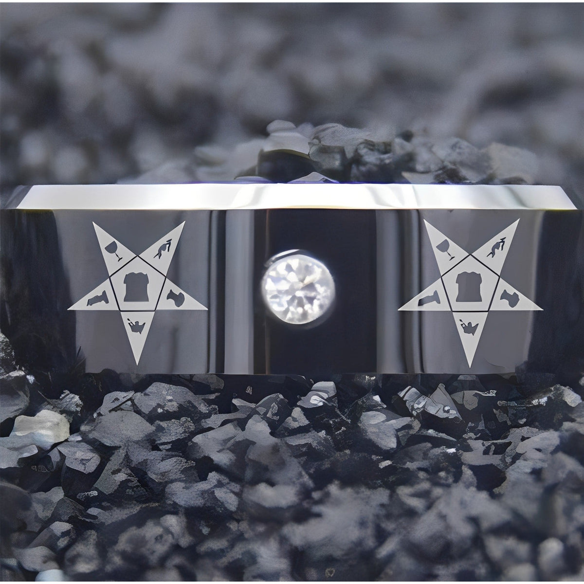 OES Ring - Black Silver Bevel With CZ Stone