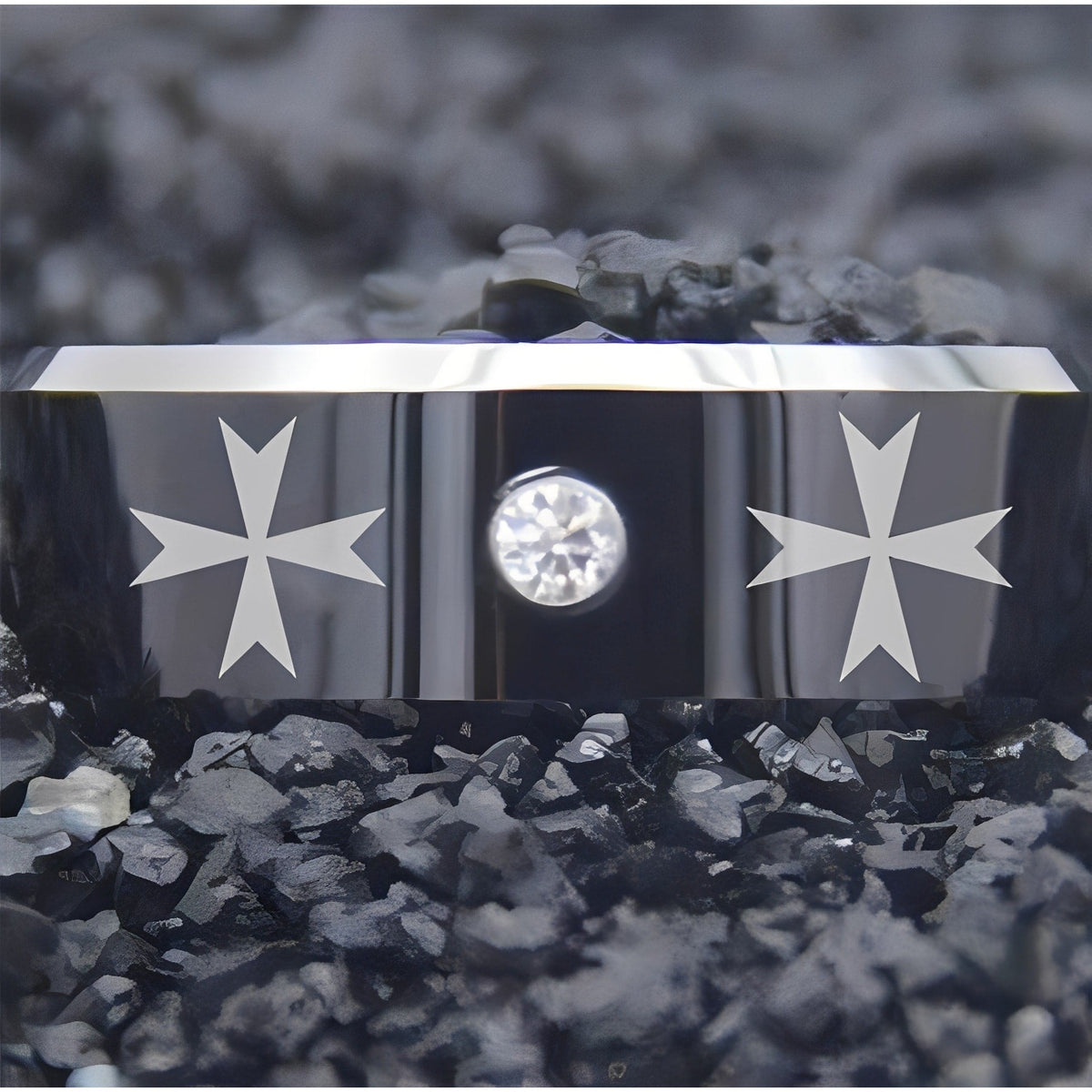 Order of Malta Ring - Black Silver Bevel With CZ Stone