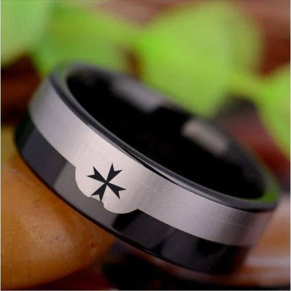 Order of Malta Ring - Black Silver Tungsten Personalizable