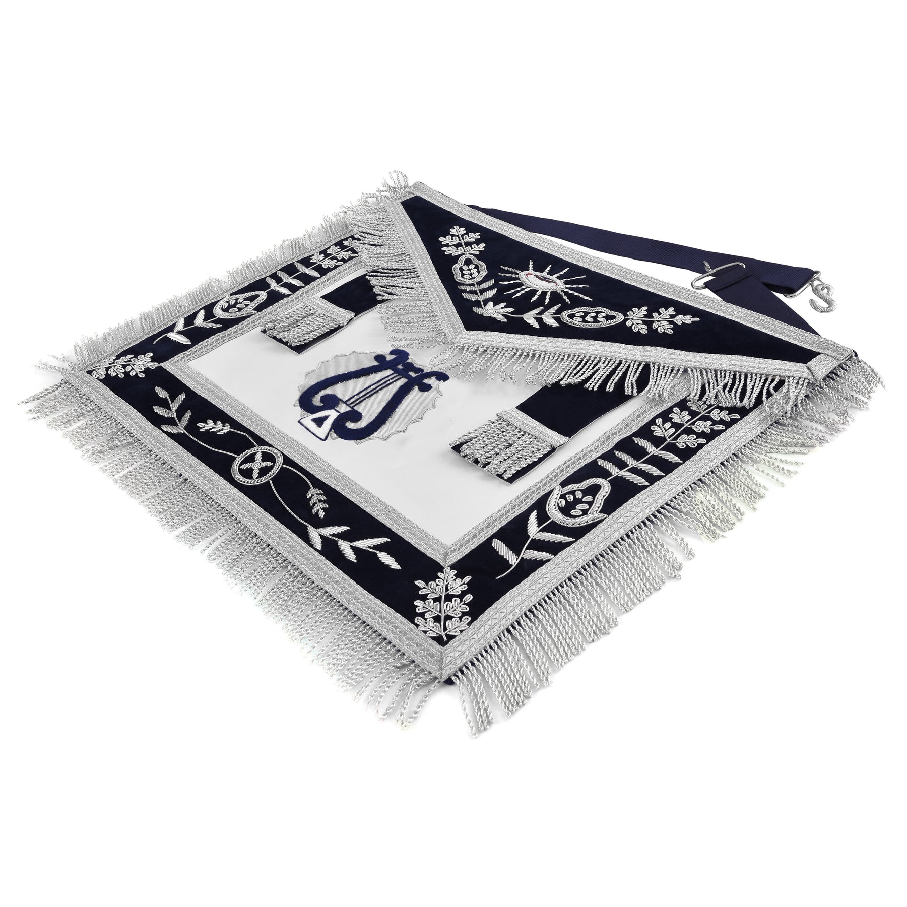 Organist Blue Lodge Officer Apron - Dark Blue With Silver Hand Embroidery Bullion - Bricks Masons