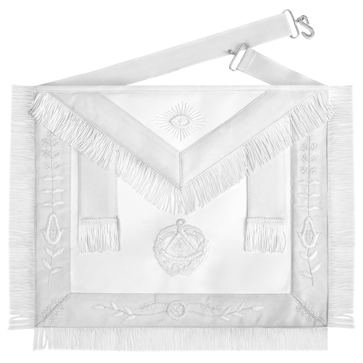 Past Grand Master Blue Lodge Apron - White Embroidery With Fringe