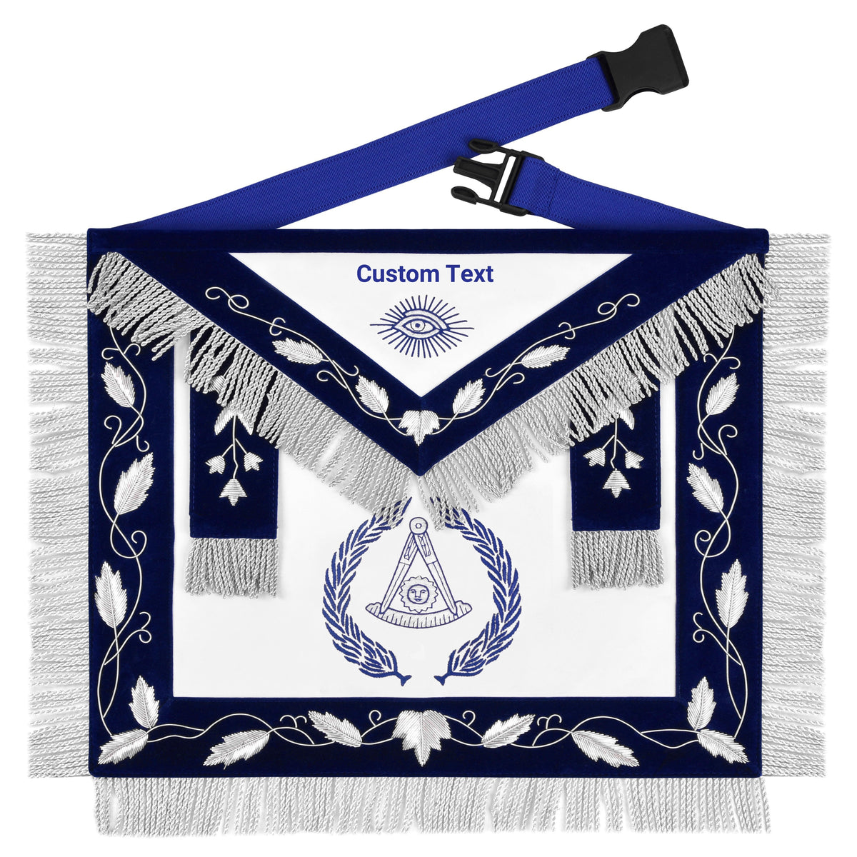 Past Master Blue Lodge Apron - Blue Velvet Silver Bullion With Wreath & Fringe