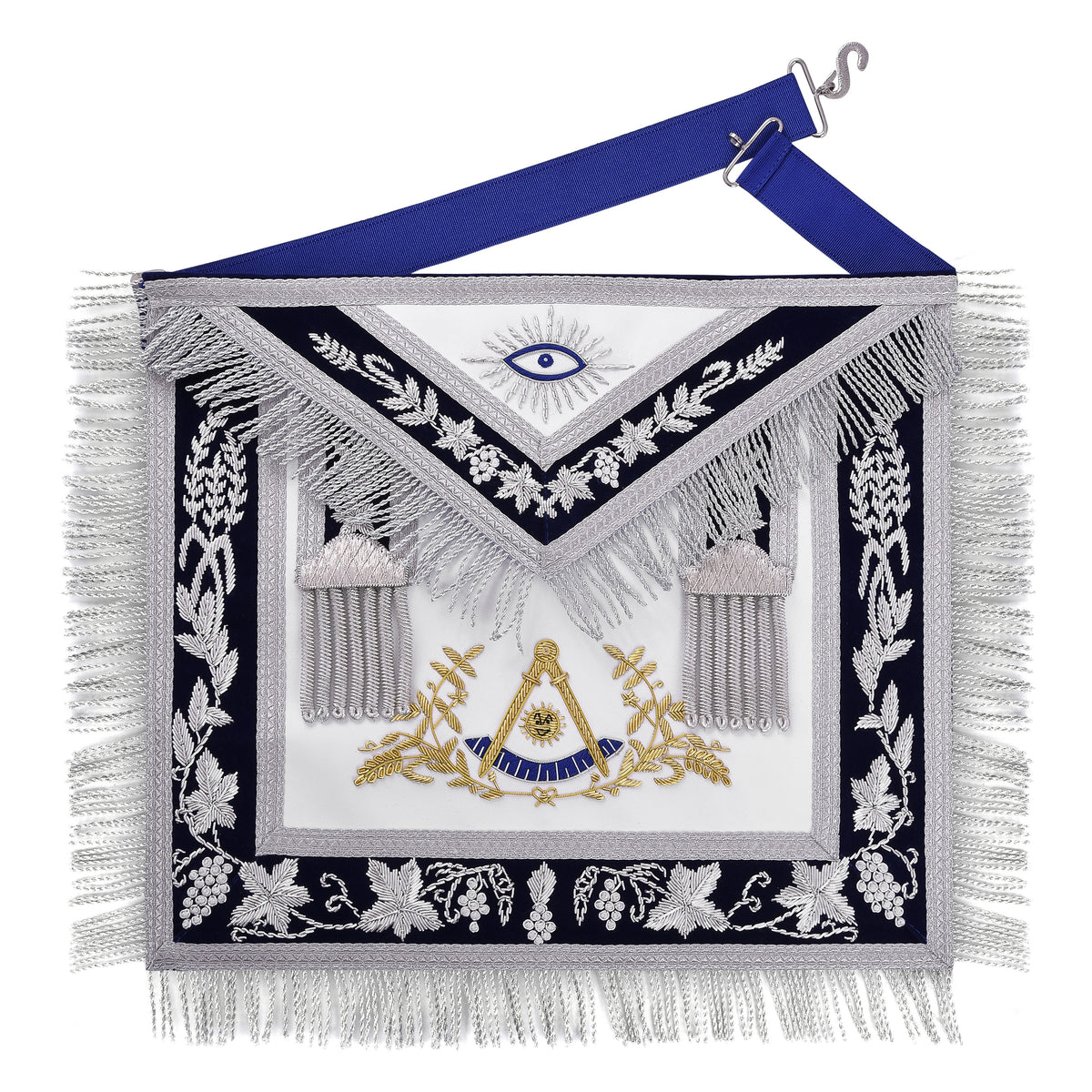 Past Master Blue Lodge Apron - Gold Bullion Emblem With Silver Braid Fringe - Bricks Masons