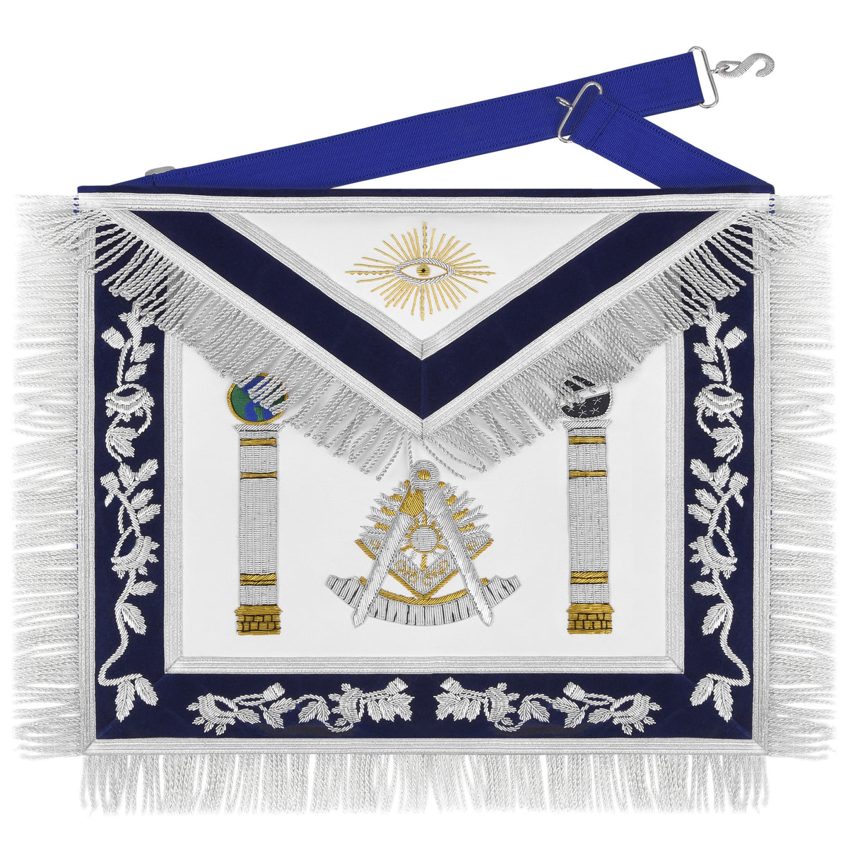 Past Master Blue Lodge Apron - Navy Velvet & Silver Bullion Hand Embroidery With Pillars