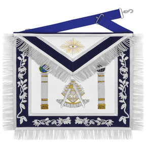 Past Master Blue Lodge Apron - Navy Velvet & Silver Bullion Hand Embroidery With Pillars